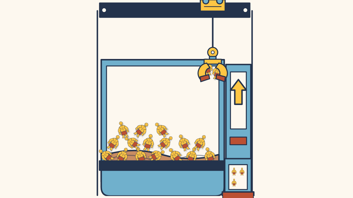 A crane carries dolls from a random crowded pile into the fixed prize chute on the right